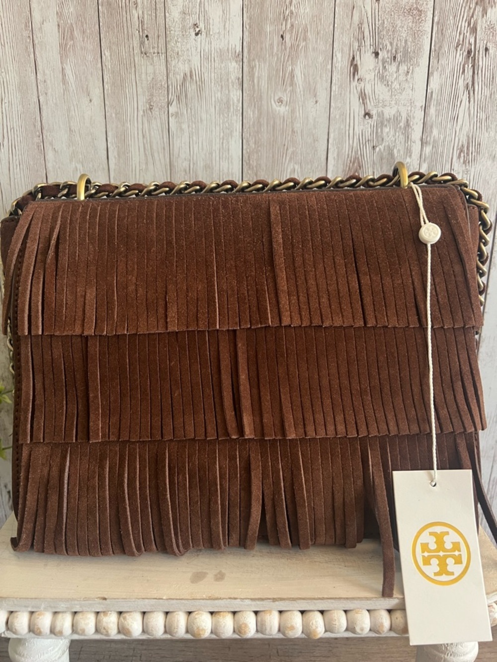 Tory Burch Chocolate Brown Suede Fringe Shoulder Bag Western Festival NEW - Picture 1 of 6